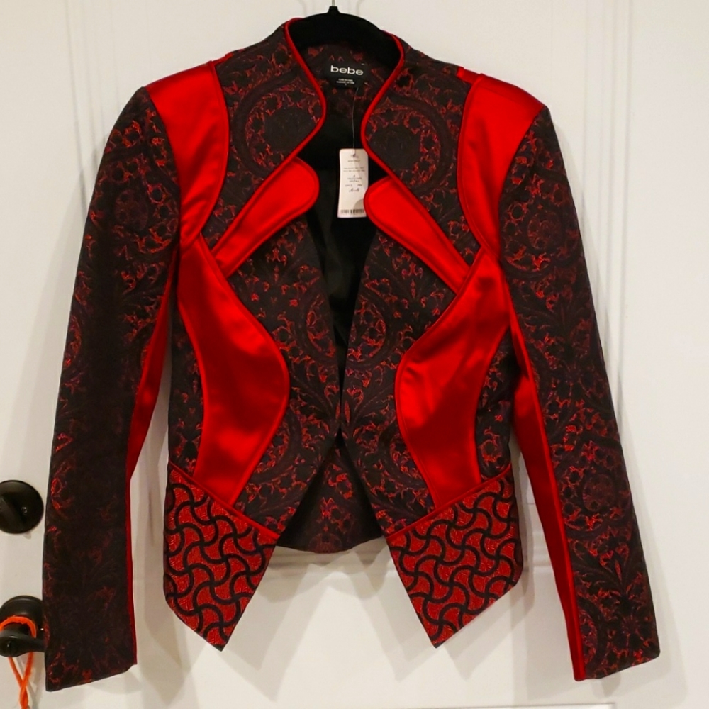 Bebe Tiana Red Black Lace Jacquard Satin Blazer